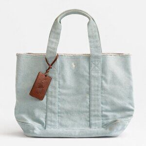 Ralph Lauren Blue Heavy Canvas Tote Bag Pony Logo Leather Tag Preppy Coastal
